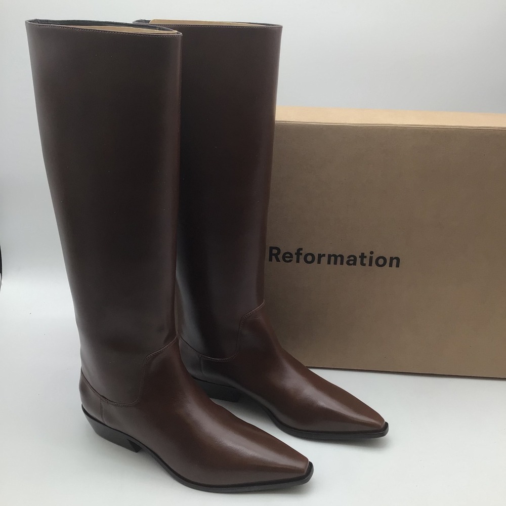 Reformation Dominique Knee Boot Syrup Brown Leather Pointed Toe Size‎ 7 NEW